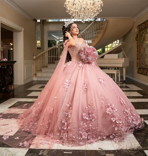 XYAYE Off Shoulder Quinceanera Dresses with Cape Puffy Tulle Sweet 15 16 Dresses Gorgeous 3D Flowers Beaded Ball Gown3