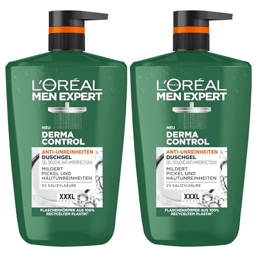 L'Oréal Men Expert XXXL Duschgel und Shampoo für Männer, Duschbad zur Reinigung von Körper, Haar und Gesicht, Herren Körperpflege für zu Unreinheiten neigende Haut, Derma Control, 1 x 1000 ml