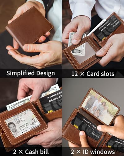 Genuine Leather Wallet for Men Bifold RFID Blocking Wallets with 12 Card Slots, 2ID Window & 2 Cash Pocket - Includes Gift Box (Coffee Brown)3