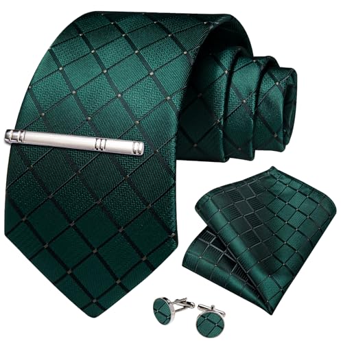 Image of DiBanGu Mens Silk Plaid Tie and Pocket Square Set | Elegant Silk Formal Tie Set, Woven Check Necktie and Cufflinks Tie Clip Set, Perfect for Wedding Party, Comes in Gift Box