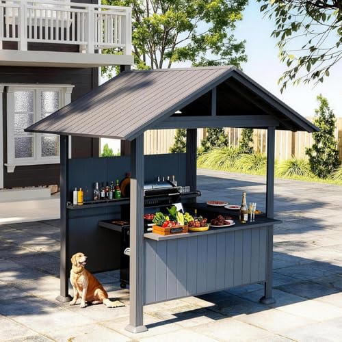 Image of 9x10FT Hardtop Grill Gazebo, Lean to Outdoor BBQ Shelter with Galvanized Steel Slanted Roof, Permanent Metal Grilling Station with Storage Shelves & Bar Platform for Patio (Brown, 9.4x6.2FT)