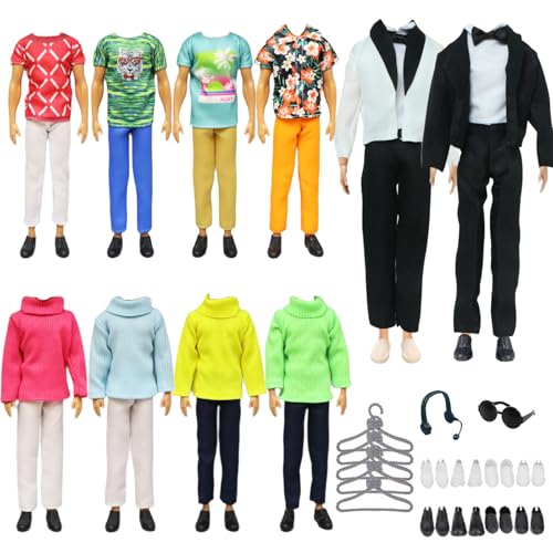 Vêtements de poupée Ken compatibles - 28 pièces : 1 costume, 1 pull, 3 vêtements, 3 pantalons, 6 chaussures, 5 étagères, 1 écouteur, 1 lunettes de soleil - Generic