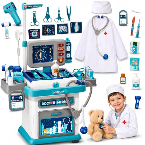 Image of SGM Doctors Set for Kids, 37-Piece Pink Medical Trolley with Toy Stethoscope, Thermometer, LED Lights and Sounds, Pretend Play Doctor Kit for Girls and Boys Ages 3+ - 008-205A