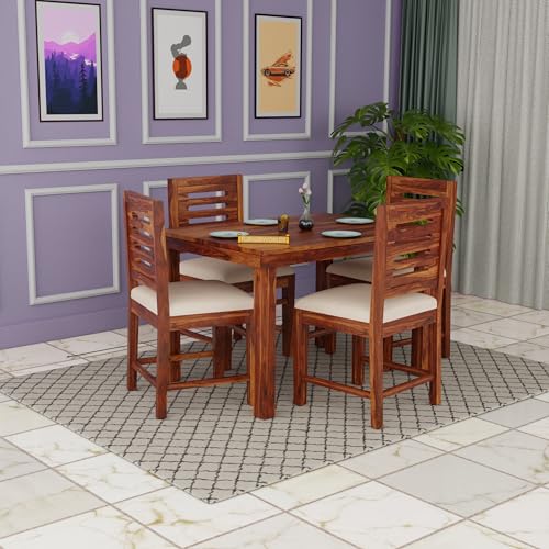Image of Dining Table 4 Seater with Chairs | Sheesham Wooden Four Seater Dinning Table with Cushioned Chairs for Restaurant | Dinner Table 4 Seater | Dining Room Set