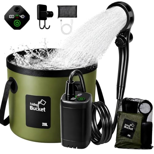 Goody King Campingdusche mit Pumpe & Akku 6000mAh Tragbare Camping Dusche ohne Strom 20L Faltbarer Eimer LED-Anzeige 3 Strahlmodi 2m Schlauch IPX7 Mobile Dusche für Garten Wohnmobil Hund