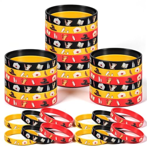 Shappy 24 Pcs Wizard Party Favors Birthday Decorations Magical Wizard Silicone Bracelets Magic Book Hat Bracelet Wristband Bulk for Spooky Halloween Costume Cosplay Holiday Birthday Gift Supplies