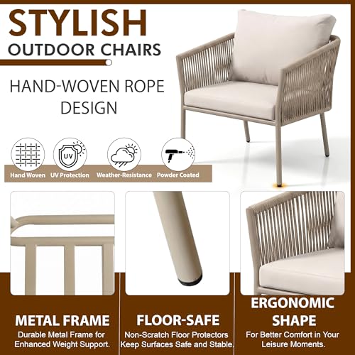 Image of OUTLIVING Braid & Rope Garden Patio Seating Chair and Table Set Outdoor Balcony Garden Coffee Table Set Furniture with 1 Table and 2 Chairs Set with Cushion (Beige and White), 61 cm, 81.3 cm