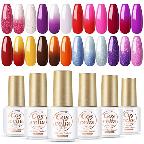 COSCELIA Color Changing Gel Nail Polish Set, 8 Colors Mood Temperature Changing Gel Polish Mood Changing Gel Manicure Kit Glitter Pink Red Purple Soak Off Nail Polish Starter Kit Gifts for Women