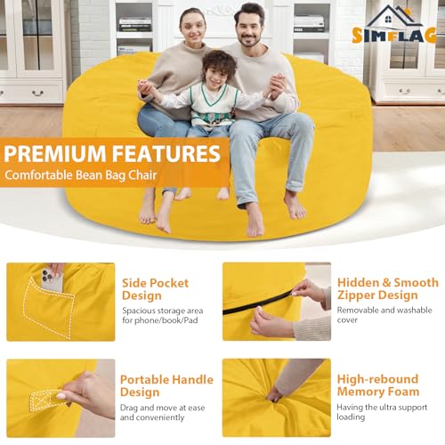 6FT Bean Bag Chair, Large Bean Bag Chairs with Memory Foam Filled, Fluffy Beanbag Sofa with Dutch Velvet Cover, Round BeanBag Chairs for Living Room, Playroom - Lemon