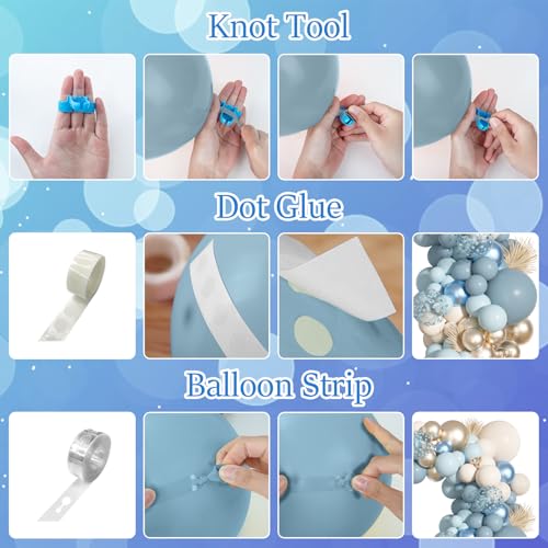 156Pcs Dusty Blue Balloons Arch Garland Kit, Dusty Baby Pastel Blue Chrome Gold Blue Sand White Confetti Balloon for Boy Baby Shower Decorations Bridal Shower Gender Reveal Birthday Party Supplies - Thumbnail 7