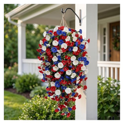 Patriotic Hanging Flower Baskets Red White and Blue Hanging Flowers Anniversary Porch Decor 2026 New Artificial Hanging Plants Red White and Blue for Veterans Memorial Day Patio Garden Home