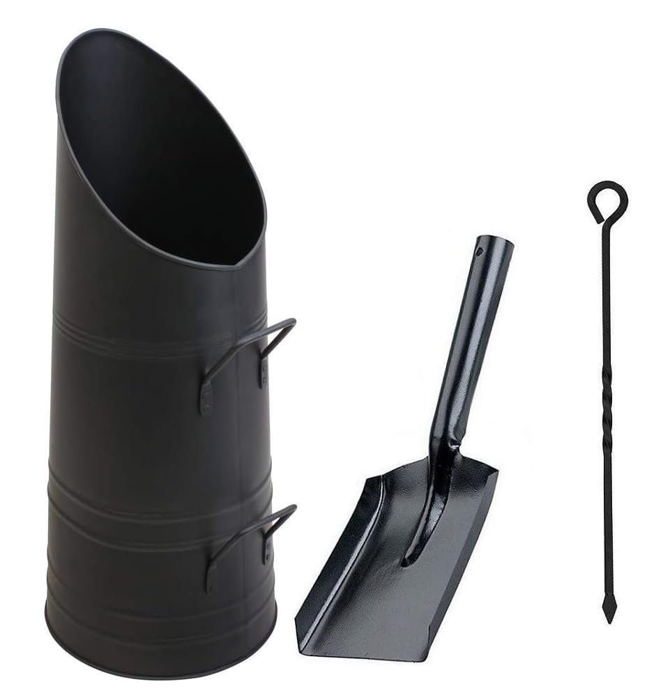 Srendi® Black Coal Hod Large 21" Metal Coal Storage Scuttle Bucket Holder Scooper with Free Shovel & Poker Made in U.K.