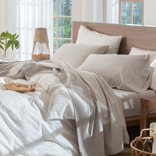Image of MooMee Sheet Set 100% Washed Cotton Linen-Like Extra Deep Pocket King | Relaxed Linen-like Texture. Soft, Breathable & Lightweight Comfort. 15-19 inch Extra Deep Pocket with All-around Elastic