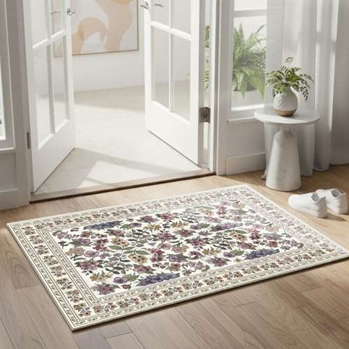 Tapete vintage floral beige 2x3 pies antideslizante miniatura 1