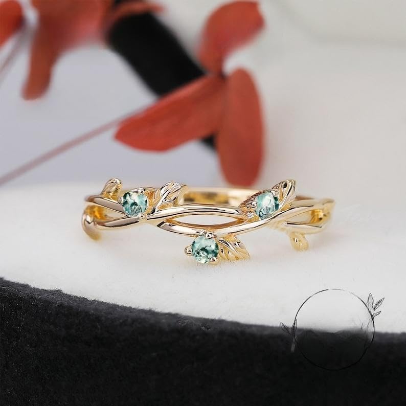 Leaf moss agate wedding band gold wedding band unique green agate ring nature inspired leaf floral ring cluster moissanite ring for women
