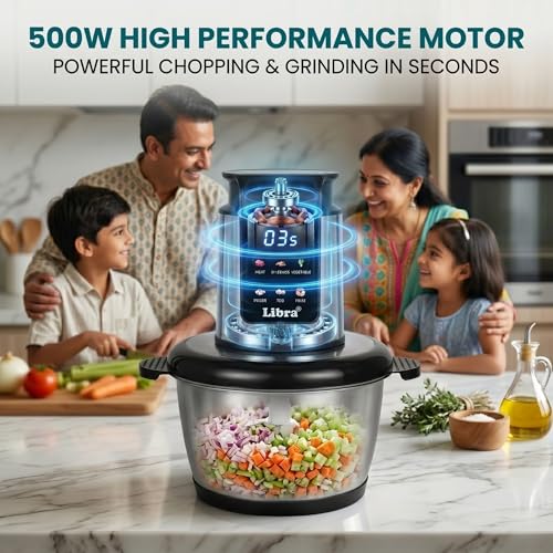Image of Libra Electric Chopper 2L with Preset Menus, 500W Copper Motor, SS304 Stainless Steel Bowl, 6-Wing Blade, Meat Mincer, Vegetable Cutter, Garlic Peeler & Egg Whisker for Kitchen