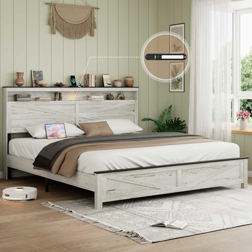 Image of Farmhouse King Size Wooden Bed Frame with Storage Headboard, Rustic Wooden Bedframe with LED Lights and Charging Station, Easy Assembly, No Box Spring Needed (King, White)