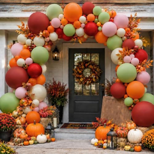 Image of Sage Green Orange Red Balloons Double Stuffed Fall Balloon Burnt Orange Pink Balloons Burgundy Sand White Balloon for Autumn Birthday Baby Shower Wedding Bridal Shower Party Decorations