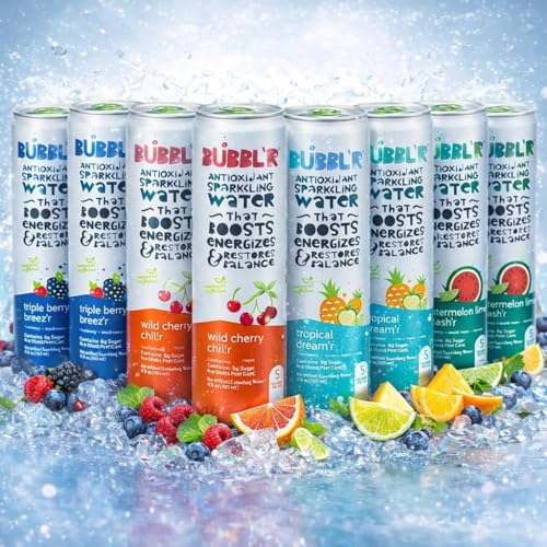 Bubblr Antioxidant Sparkling Water - Triple Berry Breezr Wild Cherry Tropical Dreamr Watermelon Lime - Variety Pack 0 Suger 69 Mg Caffine Sparkling Water 12 Fl Oz (12 pack)