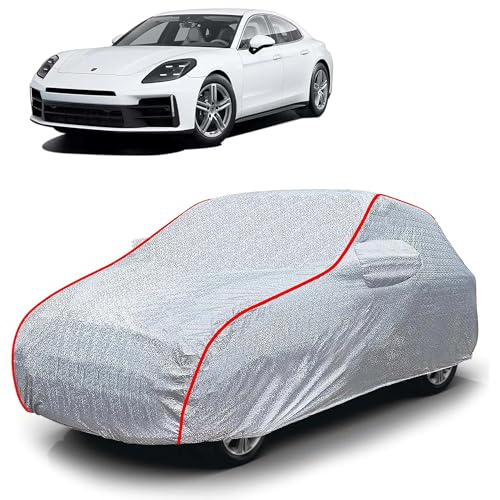 Image of Sulfar 100% Waterproof Car Body Cover Compatible with Mirror for Porsche Panamera (Triple Stitched, Full Bottom Elastic, Magic Silver with Red Piping)