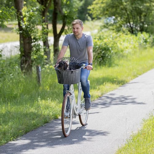 TRIXIE Front-Fahrradkorb – Fahrradkorb für Hunde – mit Lenkerhalterung und Gitter – mit Kissen – grau – 44 × 41 × 34 cm