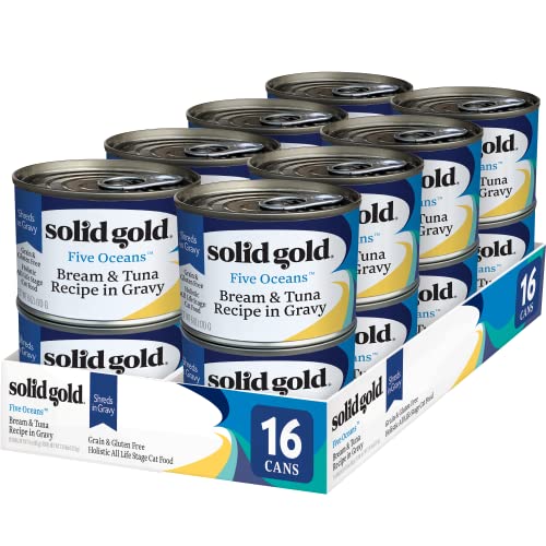 Image of Solid Gold Wet Cat Food Shreds in Gravy - Canned Cat Food Made w /Real Tuna & Sea Bream - Five Oceans Grain Free 16ct /6oz Can