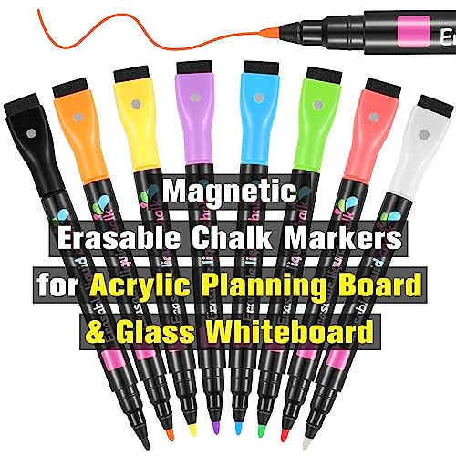 Magnetic Liquid Chalk Markers Wet Erase Markers for Acrylic Calendar Planning Board Clear Glass Whiteboard Window/Mirror Christmas Halloween Paintings LED Note Board, 8 Vibrant Colors, 1mm Fine Tip