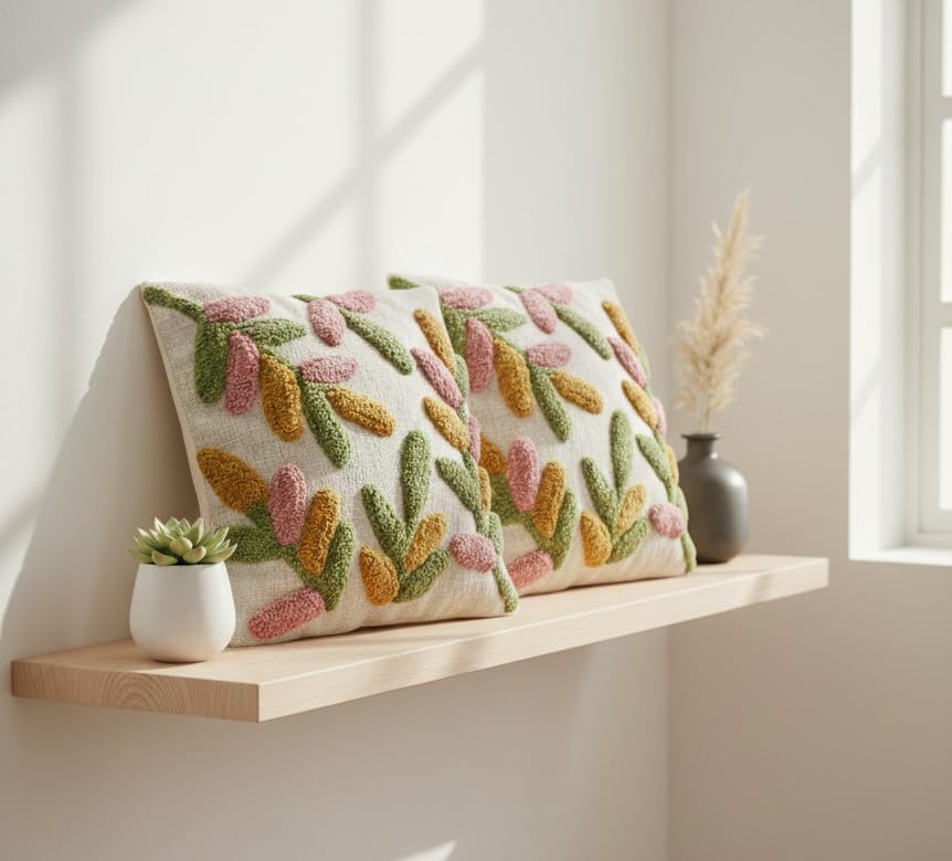 Image of Furnistitchs Premium Decorative Throw Cushion Pillow Cover Boho Home Decor - Living Room Bedroom Couch Sofa Cushion Covers 16 inch x 16 inch (2, Green Leaves)