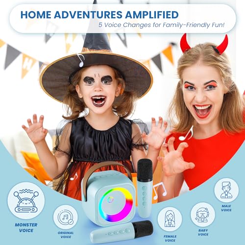 Karaoke Machine, Portable Bluetooth Speaker with 2 Wireless Microphones for Kids, Karaoke Toys Gifts Toys for Girls Boys Family Home Party（Blue） - 3