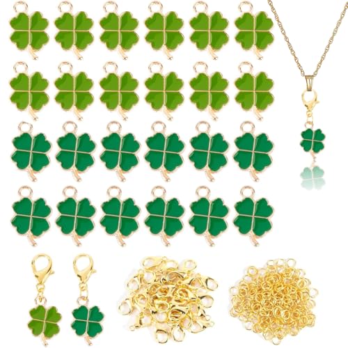 WUSJCOF Set de 24 Colgantes de Trébol de la Suerte para Manualidades, DIY de Joyas, Collares y Pulseras con Mosquetones como Regalo de Año Nuevo