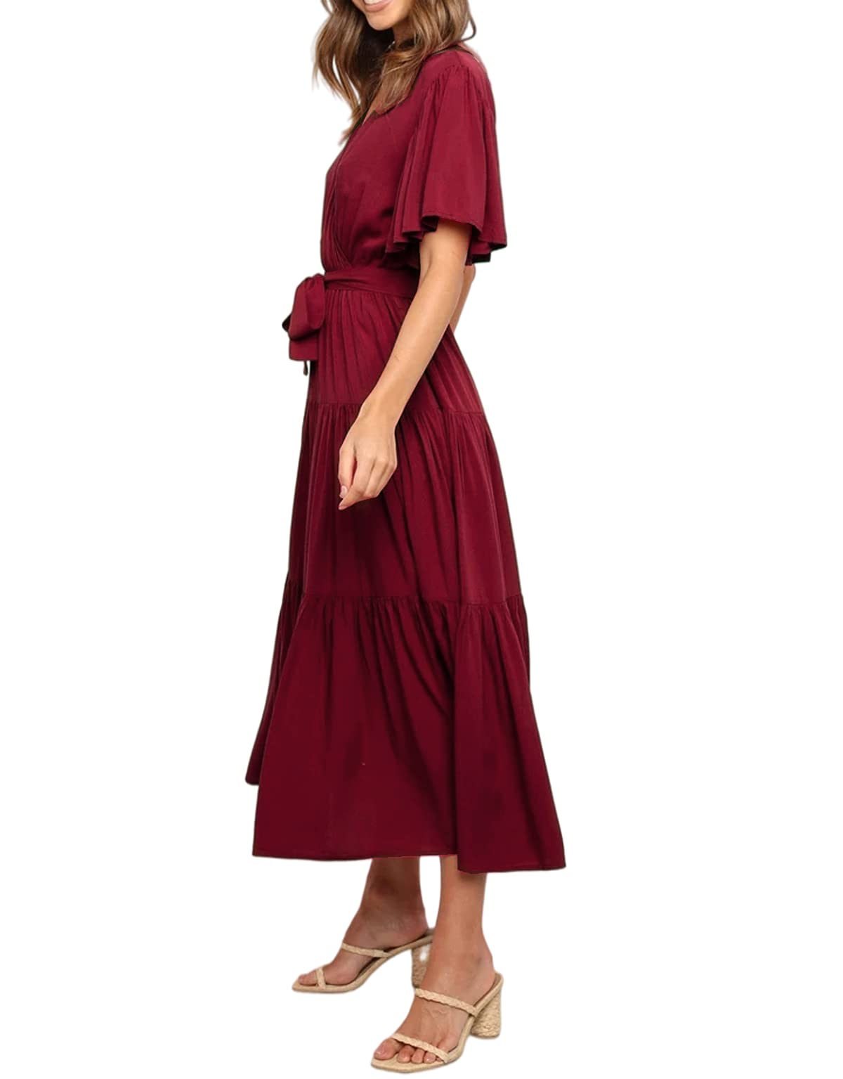 R.Vivimos Summer Dress for Women Cotton Ruffle Short Sleeves V Neck Casual Flowy Midi Dress with Belt