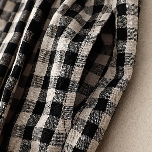 Linen Pants for Women Summer 2024 Plaid Casual Elastic High Waist Straight Leg Pants Loose Fit Trendy Beach Trousers2