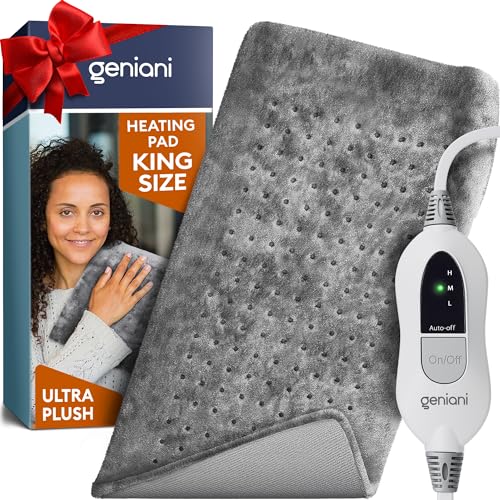 GENIANI King Size Heating Pad for Back Pain & Cramps Relief, FSA HSA Eligible, Auto Shut Off, Machine Washable, Moist Heat Pad for Neck & Shoulder, Knee, Leg, Tabby Gray 12'‘×24’’