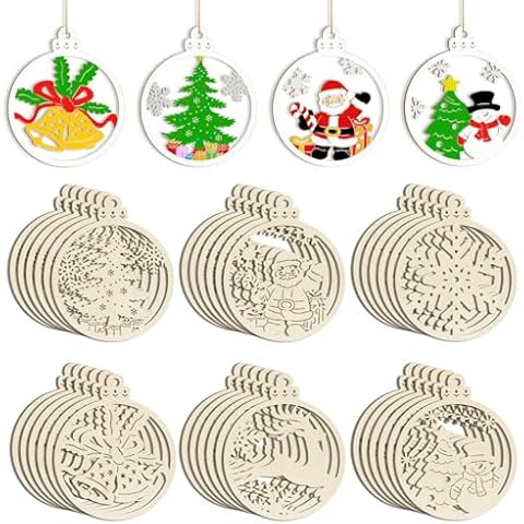 36PCS Wooden Hollow Christmas Ornaments for Paint Christmas Tree Decorations 6 Styles, DIY Blank Unfinished Wood Reindeer Santa Claus Snowman Snowflake Angle Cutouts for Crafts Winter Hanging Decora Cover