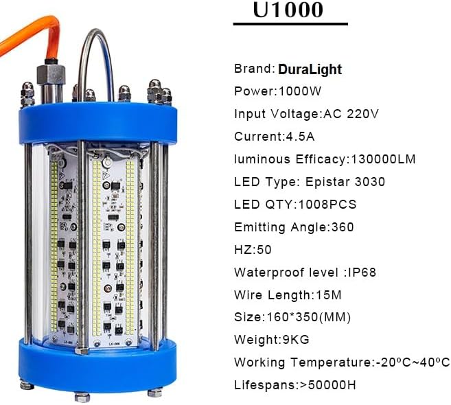 ZVZ Green UltraBright 1000W Underwater Fishing Light - 130K LM LED Fish Attractor for Night/Ice Fishing, Boat, Dock - IP68, 15M Cable, 50K Hrs (Crappie/Snook/Squid) - Salt/Freshwater