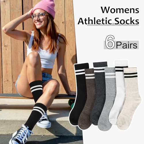 Justay 6 Pairs Striped Crew Socks - Cute Casual Long Athletic Running Tube Calf Cotton Socks for Women Gifts4