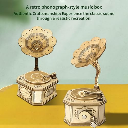 Gramófono retro de madera interactivo: caja de música 3D DIY con engranajes para montar 3