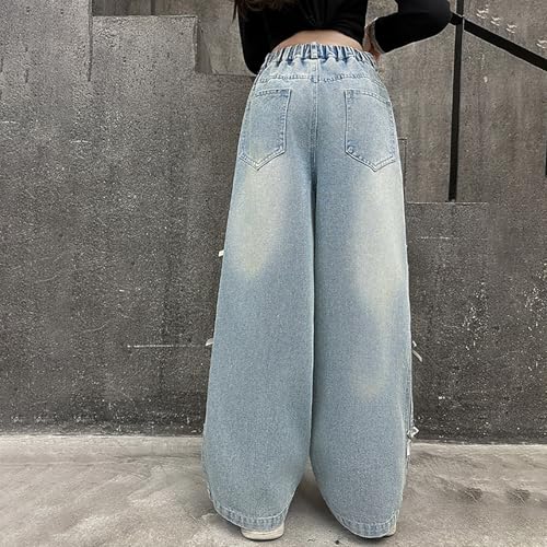 Kids Girls' Elastic Waist Wide Leg Baggy Denim Pants Straight Washed Loose Jeans Stylish Y2K Teens Casual Trousers4