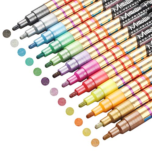 12 Color Assorted Metallic Marker Pens, 2mm Tip Sheen Glitter Painting Pen Card Making,Birthday Greeting,DIY Photo Album,Scrap booking,Rock Painting,Mug,Calligraphy