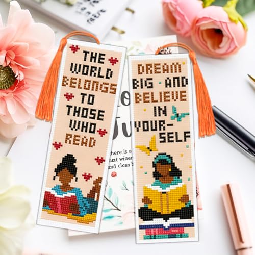 Image of ACRNIGHEET 6PCS Cross Stitch Bookmark Kit for Beginner Women Reading Stamped Cross Stitch Kits Needlepoint Kit for Adults DIY Tassel Embroidery Bookmark Kits with Instructions Craft Gift 8.5 inchx3 inch 11CT