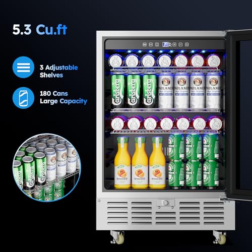 Image of Mojgar 24 inch Beverage Refrigerator - 180 Cans Outdoor Beverage Fridge with Glass Door & Safety Lock for Beer, Wine, Soda, Under Counter Fridge with Locking Casters, Full Stainless Steel
