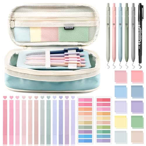 KOUDGY 49Pcs Book Annotation Kit - Aesthetic School Supplies with Cute Pen Case Highlighters Gel Pens and Marker, Sheets Transparent Index Tabs Sticky Notes Bible Study Supplies(Light Blue)