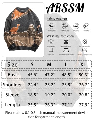 Image of Arssm Mens Oversized Dinosaur Sweater Knit Crewneck Vintage Tops | Unisex Cartoon Sweater, Pullover, Long Sleeve, Cozy Sweater