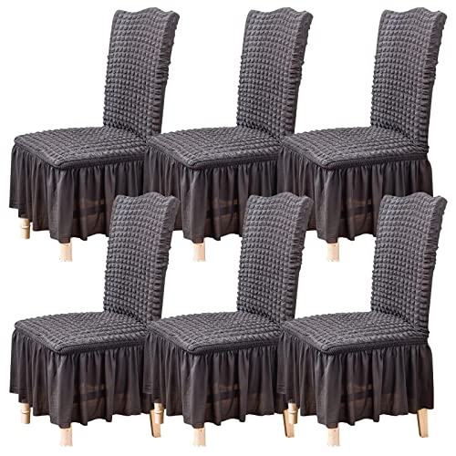 Qubjus Chair Covers for Dining Room Set of 6 Stretch Chair Slipcovers with Skirt Removable Washable Kitchen Chair Protector Cover Set for Home, Party, Wedding(Dark Grey, 6pcs)