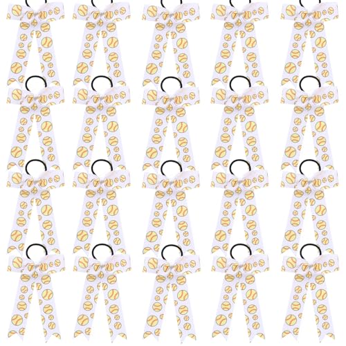 Hipcheer 20pcs Collegiate Style Cheer Bows for Girls Long Tail Skinny Cheer Bow Ponytail Holder Handmade Bows for Girls Teens Softball Cheerleader Sports (Yellow Softball)