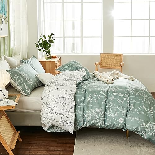 Herside Double Floral Duvet Cover Set, Green, 1 Duvet Cover 2 Pillowcases, Botanical Bedding, Reversible Design, Pastoral Style - Image 4