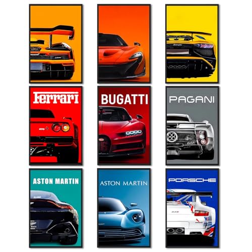 Cunegra Lot de 9 Affiches de Voiture, Affiche de Voiture Art Mural Toile, Voitures de Sport Modernes Impressions de Supercars Classiques pour Chambre Salle de...
