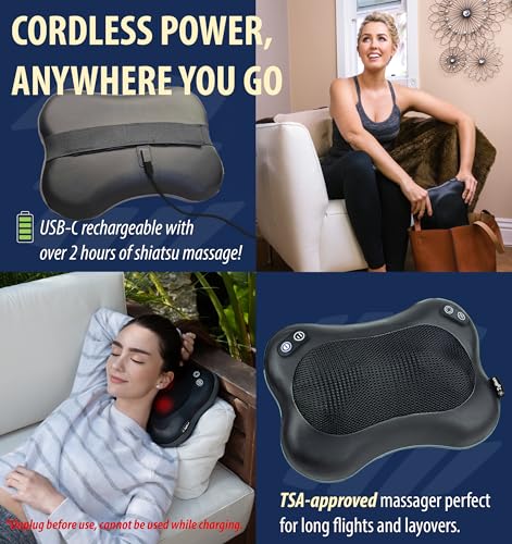 Image of Zyllion Shiatsu Back and Neck Massager with Heat - Cordless Rechargeable 3D Electric Kneading Deep Tissue Massage Pillow with 2 Speeds for Muscle Pain Relief, Black, ZMA-34RB