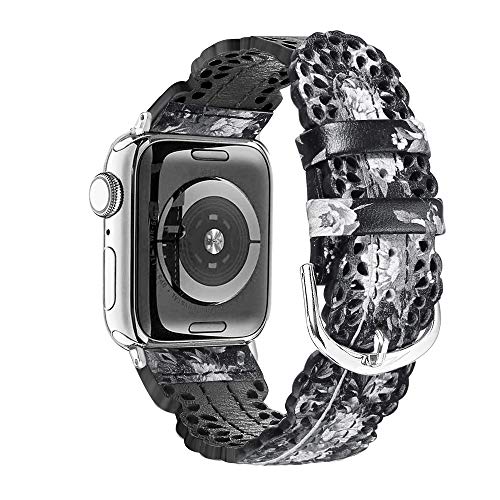Secbolt Leather Bands Compatible with Apple Watch Band 38mm 40mm iWatch SE Series 6 5 4 3 2 1, Breathable Chic Lace Leather Strap for Women, Black/Grey Floral