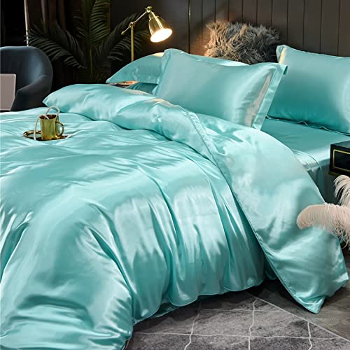 Lujoso juego de funda de edredón de seda tamaño King de 220 x 240 cm, sábana de seda de morera de verano y funda de edredón con satén de seda de hielo agradable a la piel, juego de ropa de cama de 4